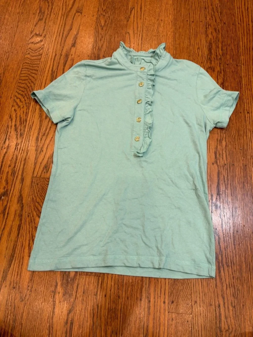 Preppy Quiet Luxury Tory Burch Ruffle Polo Top M Aqua Blue Gold Logo Buttons